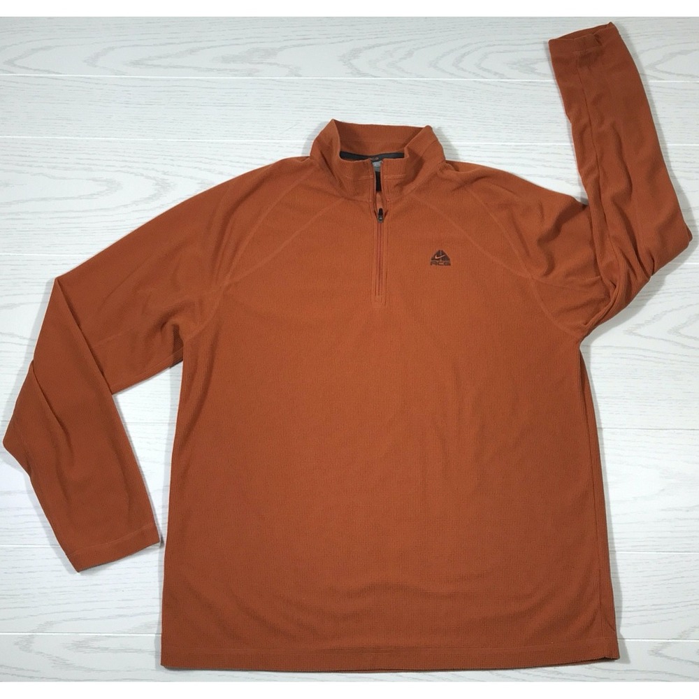Vintage Nike ACG Thermal Waffle Knit Men's Medium  1/4 Zip Pullover Orange 90s